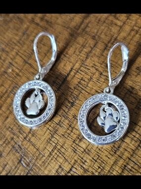 Silver Paw Print Circle Drop Earrings with Rhinestone Halo